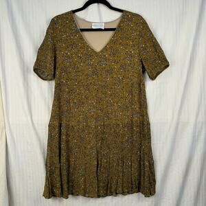 French Dark Mustard Yellow White Florals Tiered Shift Mini Dress Size Medium